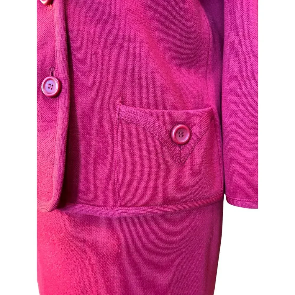 Vintage 1960s 70s Raspberry Pink Knit 2 Pc Skirt Suit Jacket Set